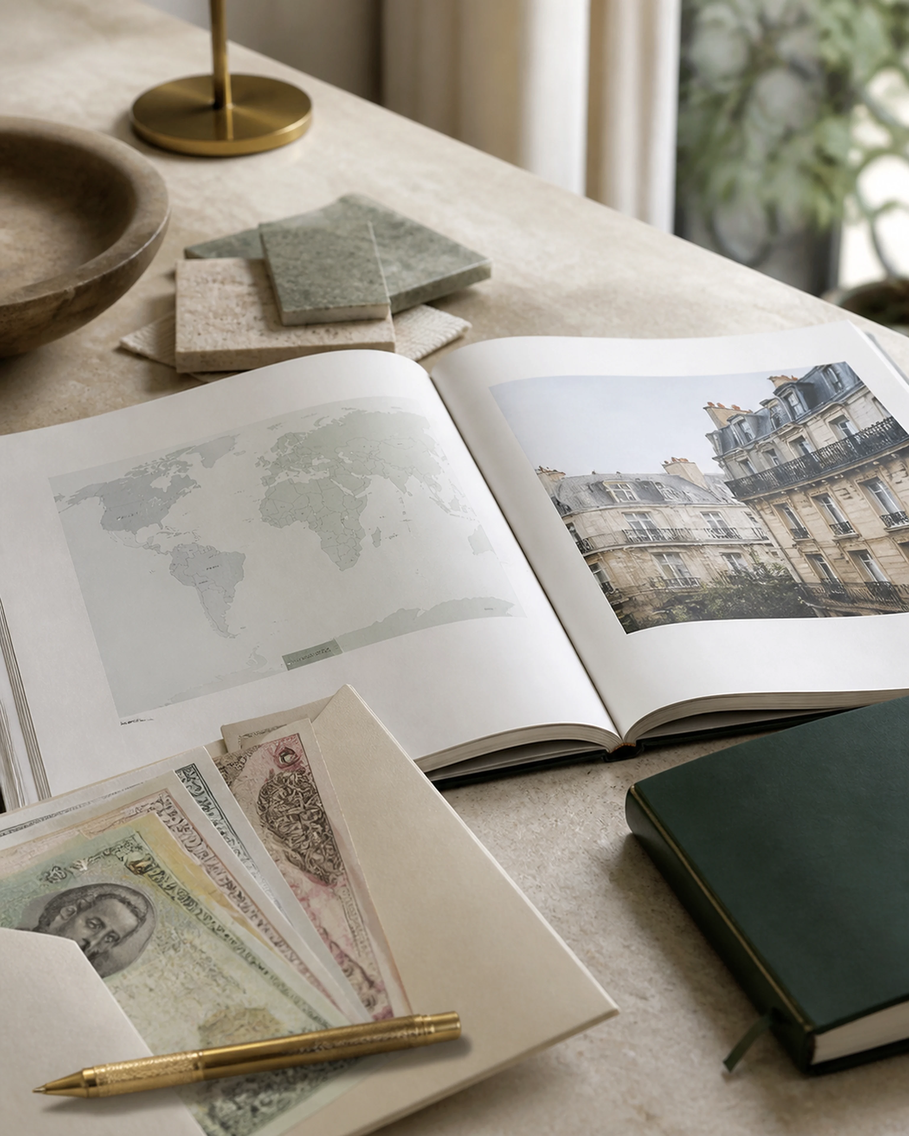 International property and lending research arranged on an advisor’s desk