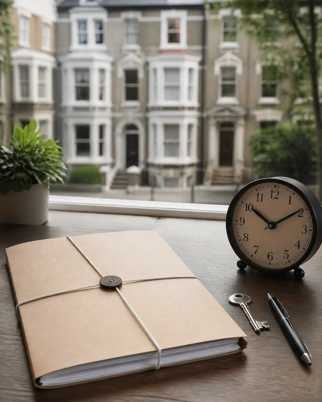 A sealed property legal pack, clock and key prepared for an auction deadline