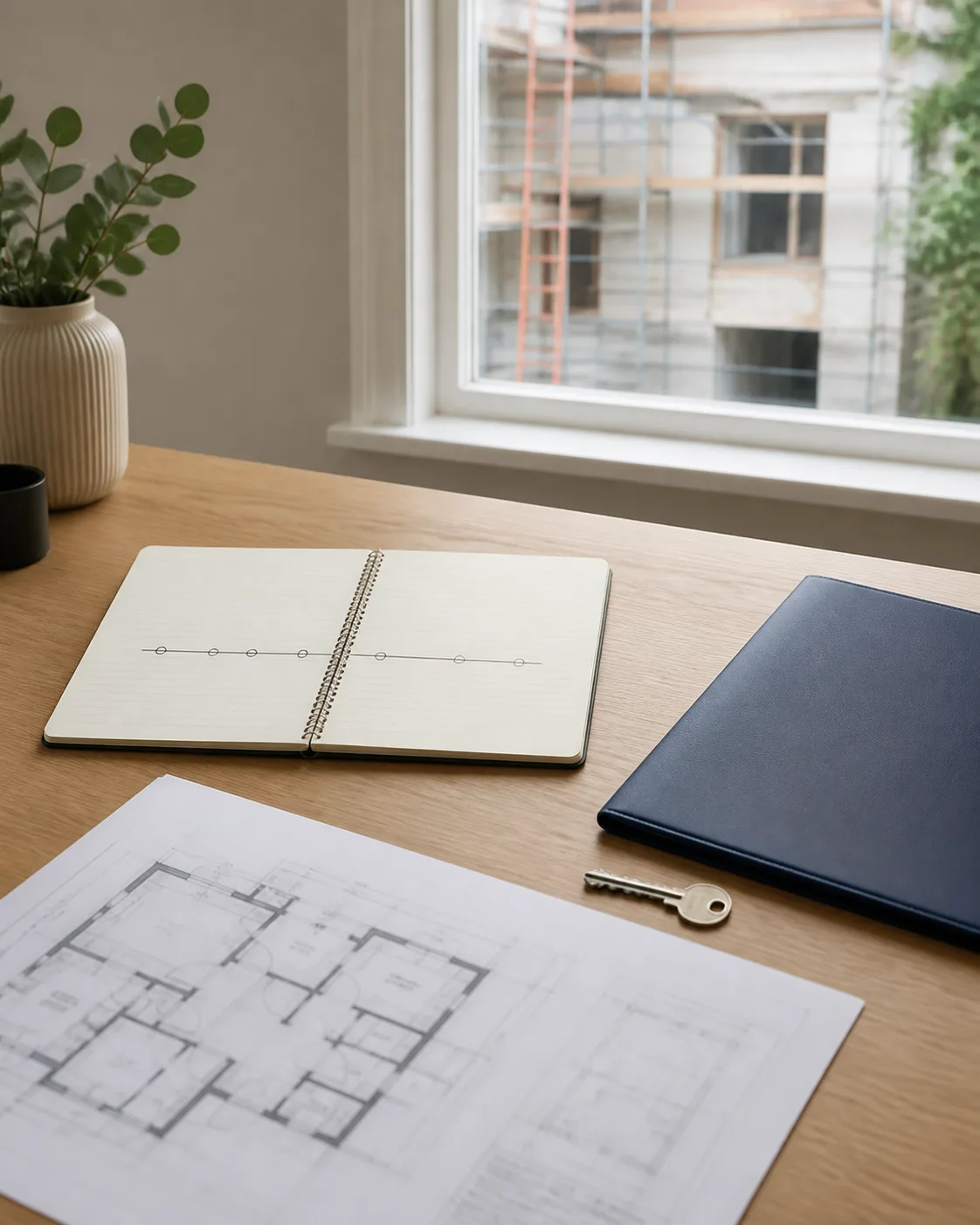 Property plan, timeline notebook and key prepared for bridging finance