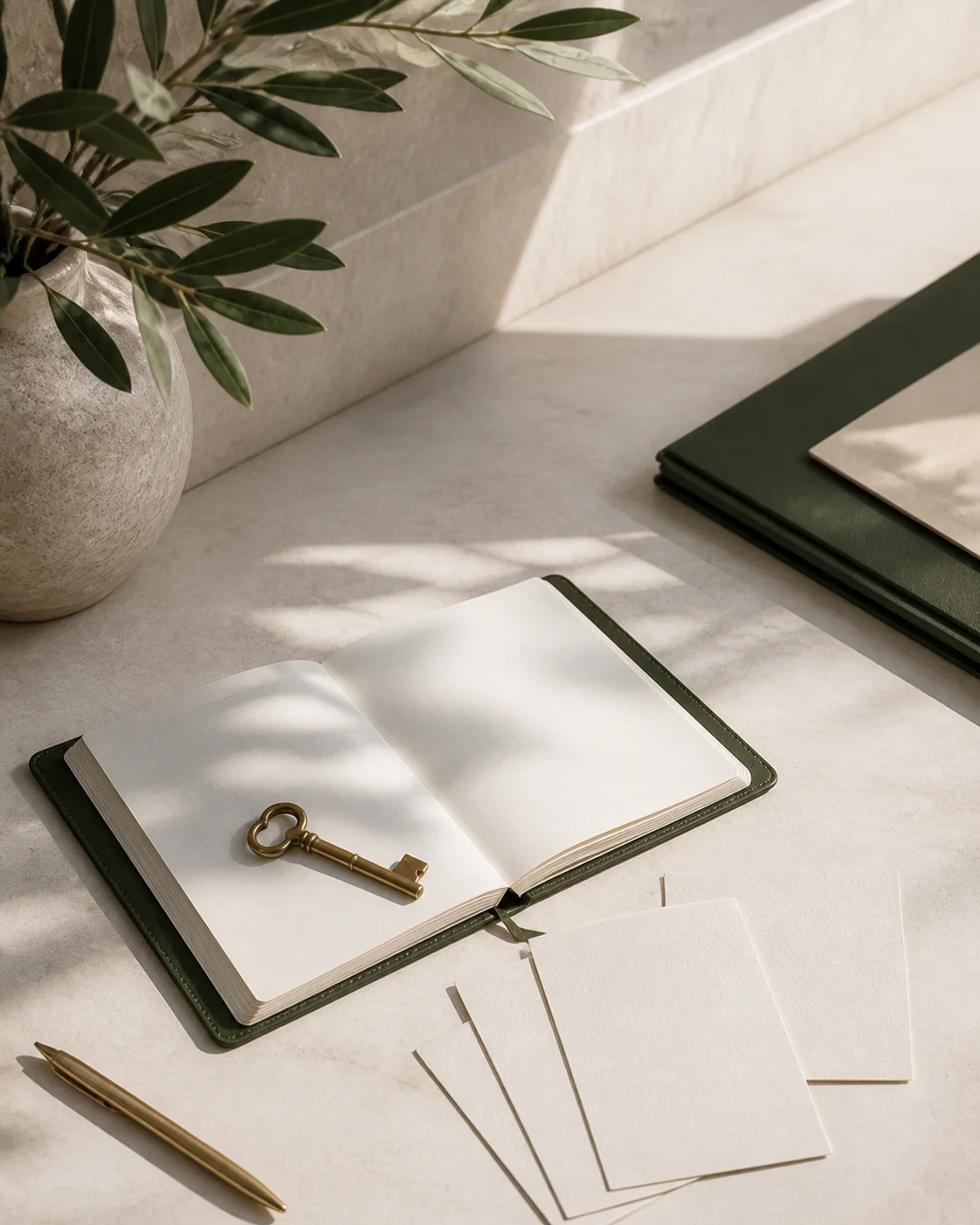 A rental-property notebook and key on a restrained desk