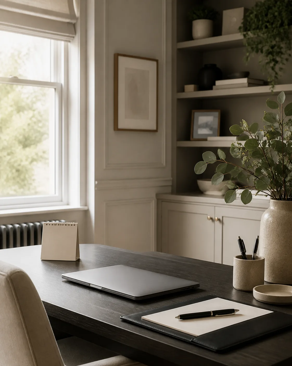 A calm home office prepared for a contractor mortgage case