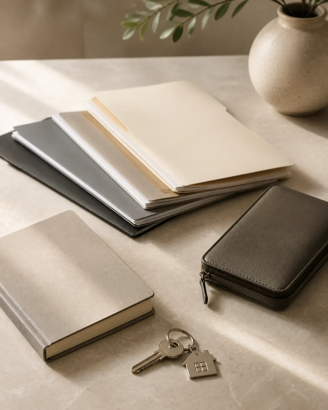 Layered document wallets and a home key representing several income streams