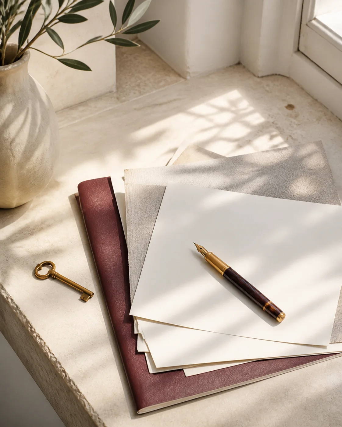 French property papers and a notaire-style file on a restrained desk