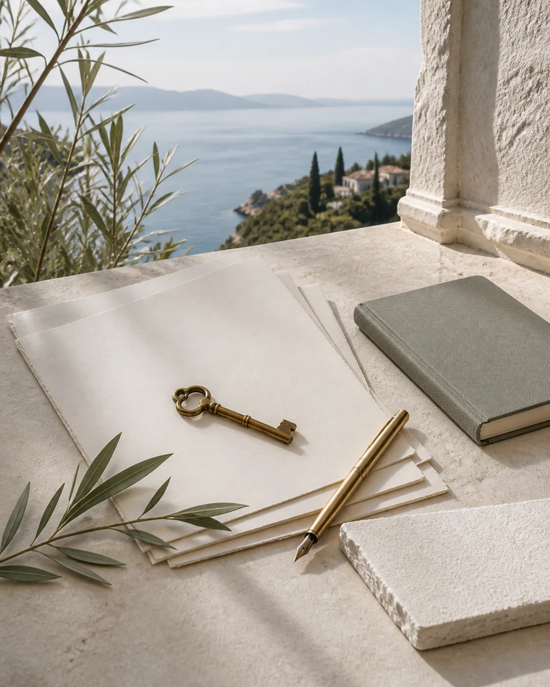 Greek property documents and notebook on a pale stone desk