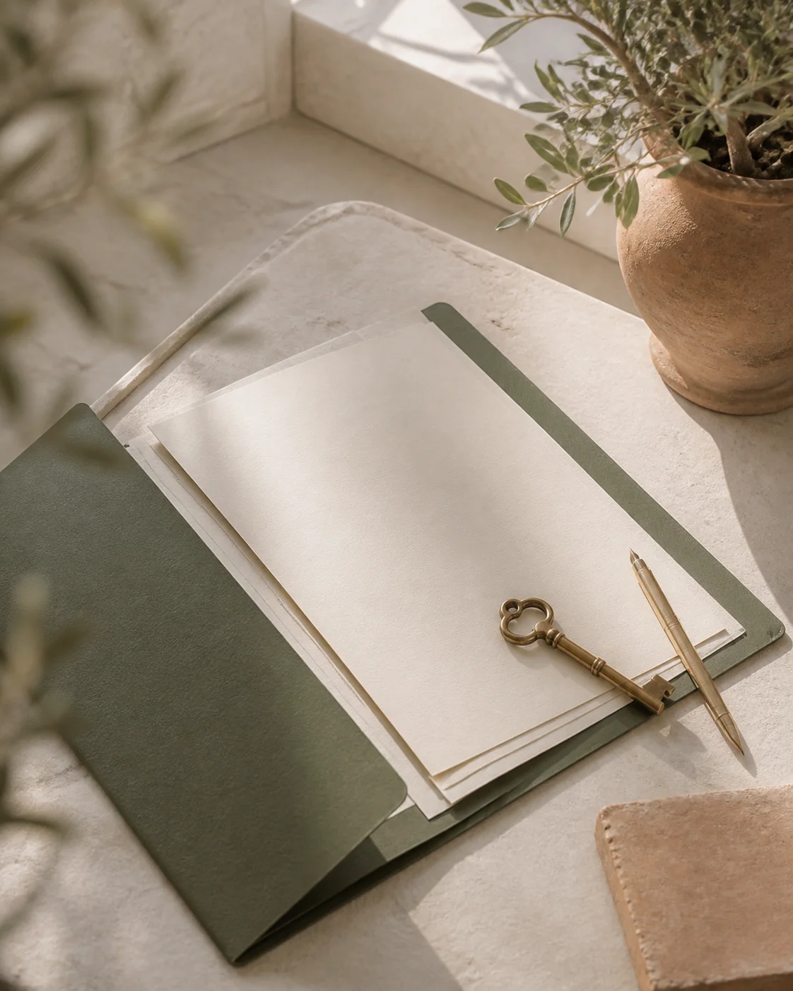 Italian property documents, key and notebook on a natural stone desk