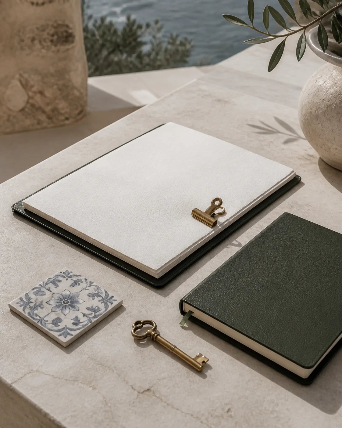 Portuguese purchase documents and notebook arranged on a quiet desk