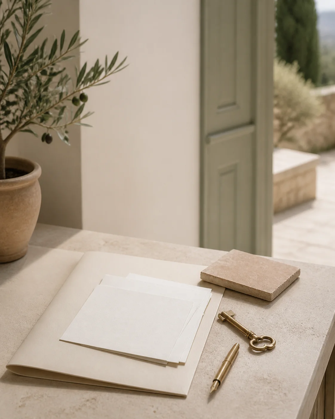 Spanish purchase papers, key and notebook on a warm stone desk