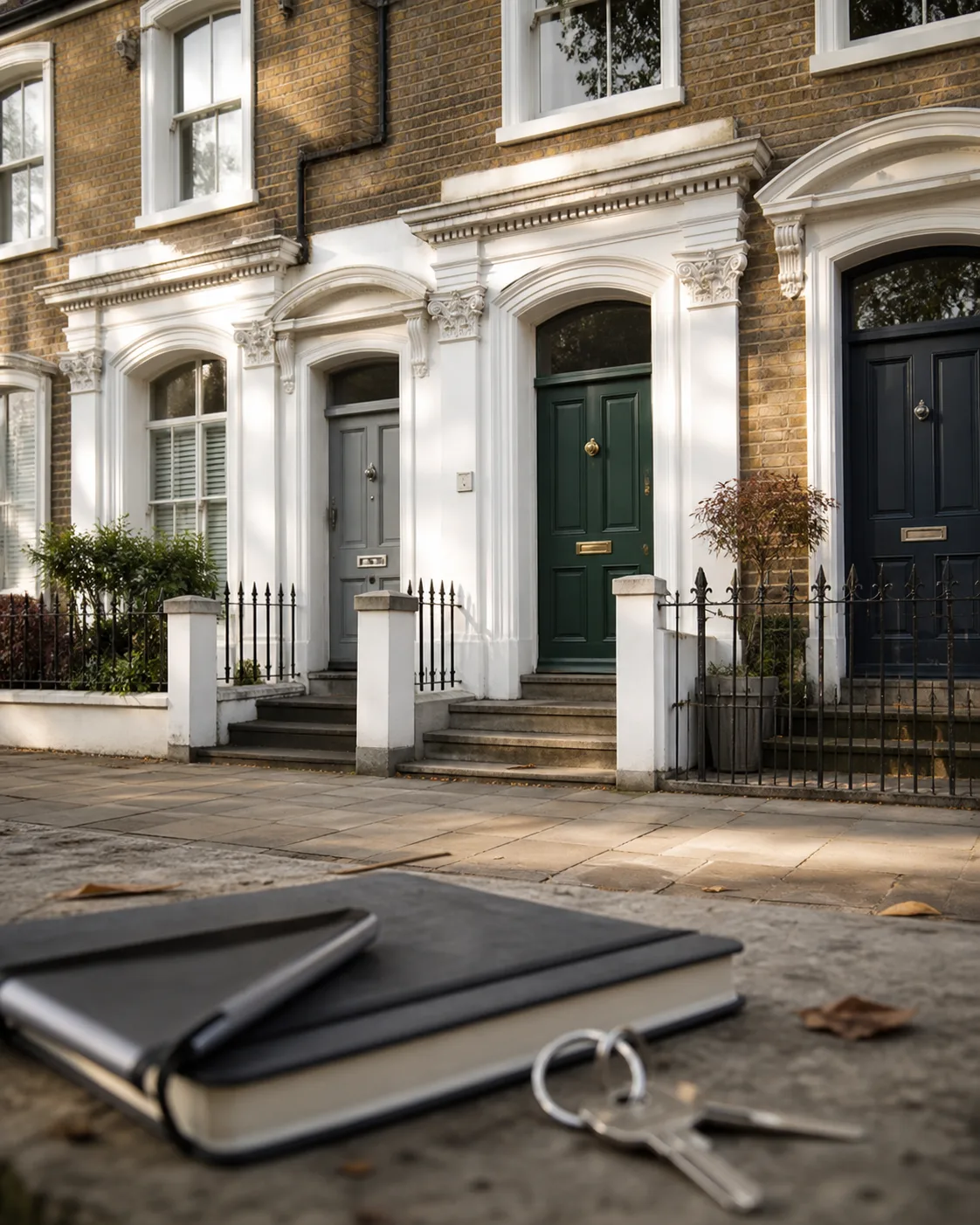 A composed British rental terrace with several distinct front doors