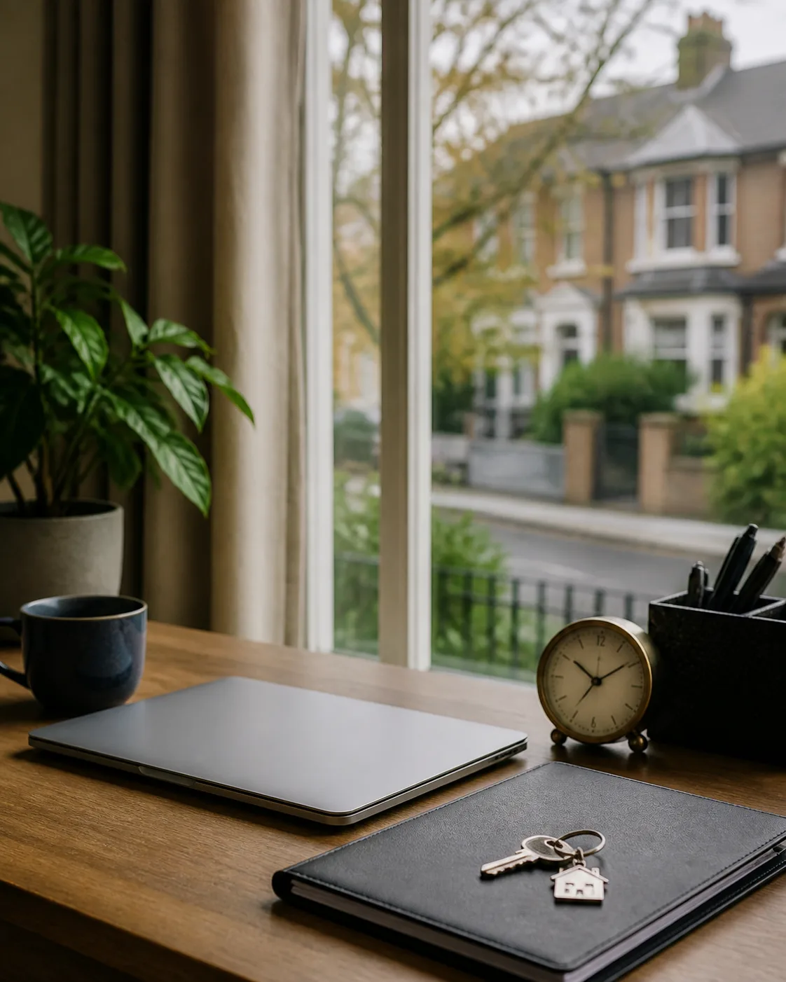 A remote mortgage review desk overlooking a British residential street