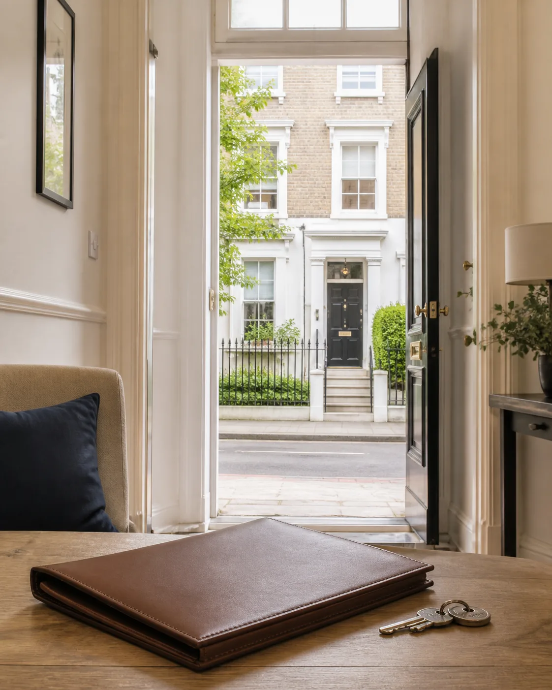 A British townhouse framed through a welcoming open doorway