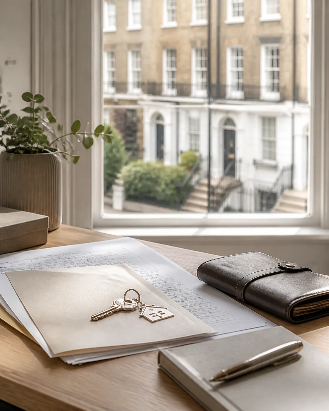 UK property documents, travel wallet and house key prepared for an expat case