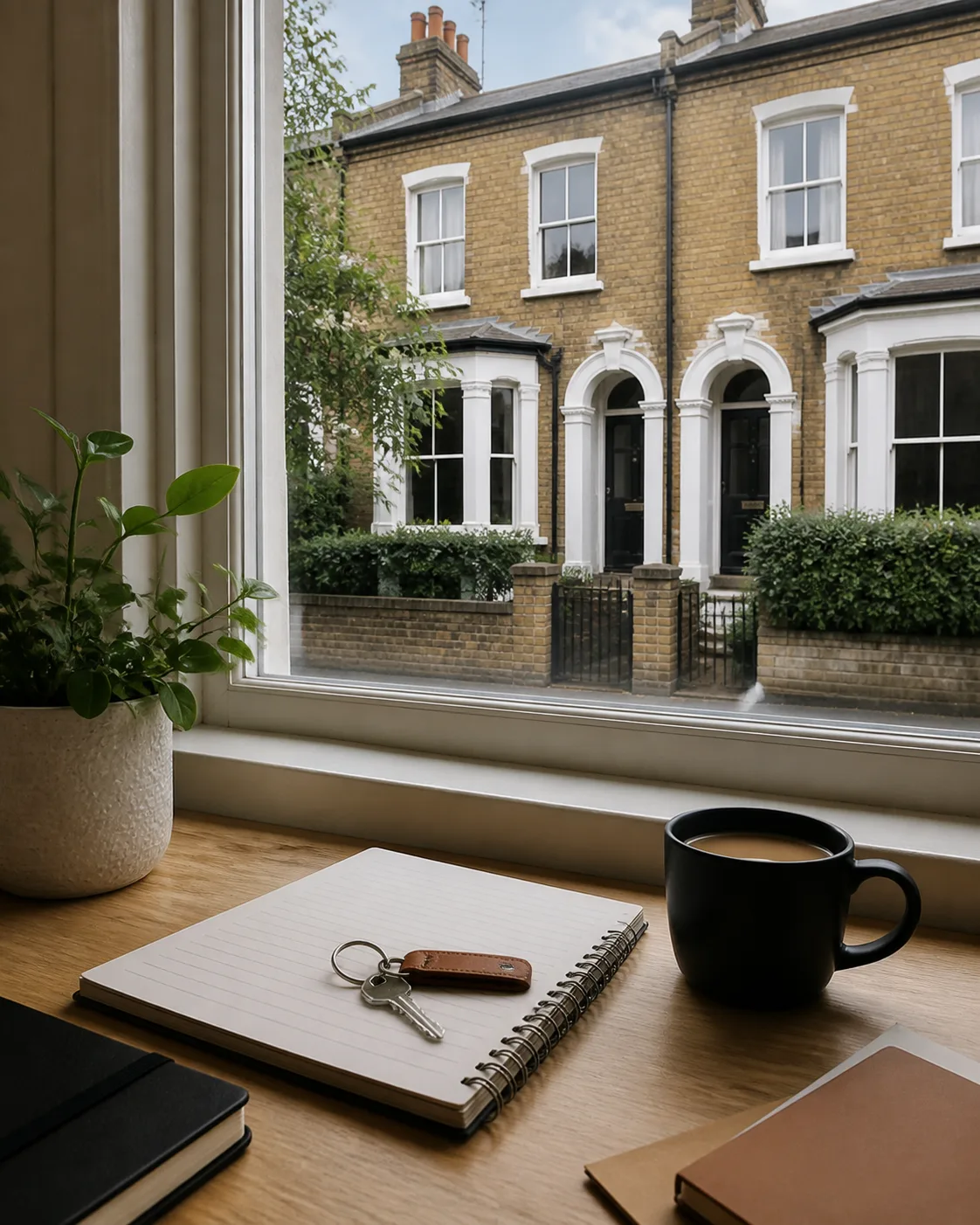 A British rental terrace viewed beside an investment notebook and key