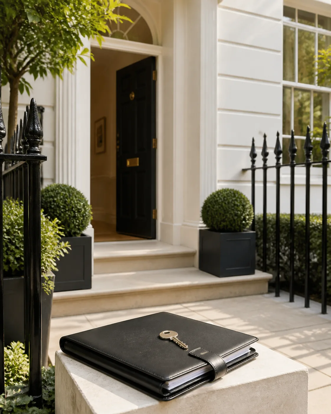 A London townhouse entrance with a prepared property file and key