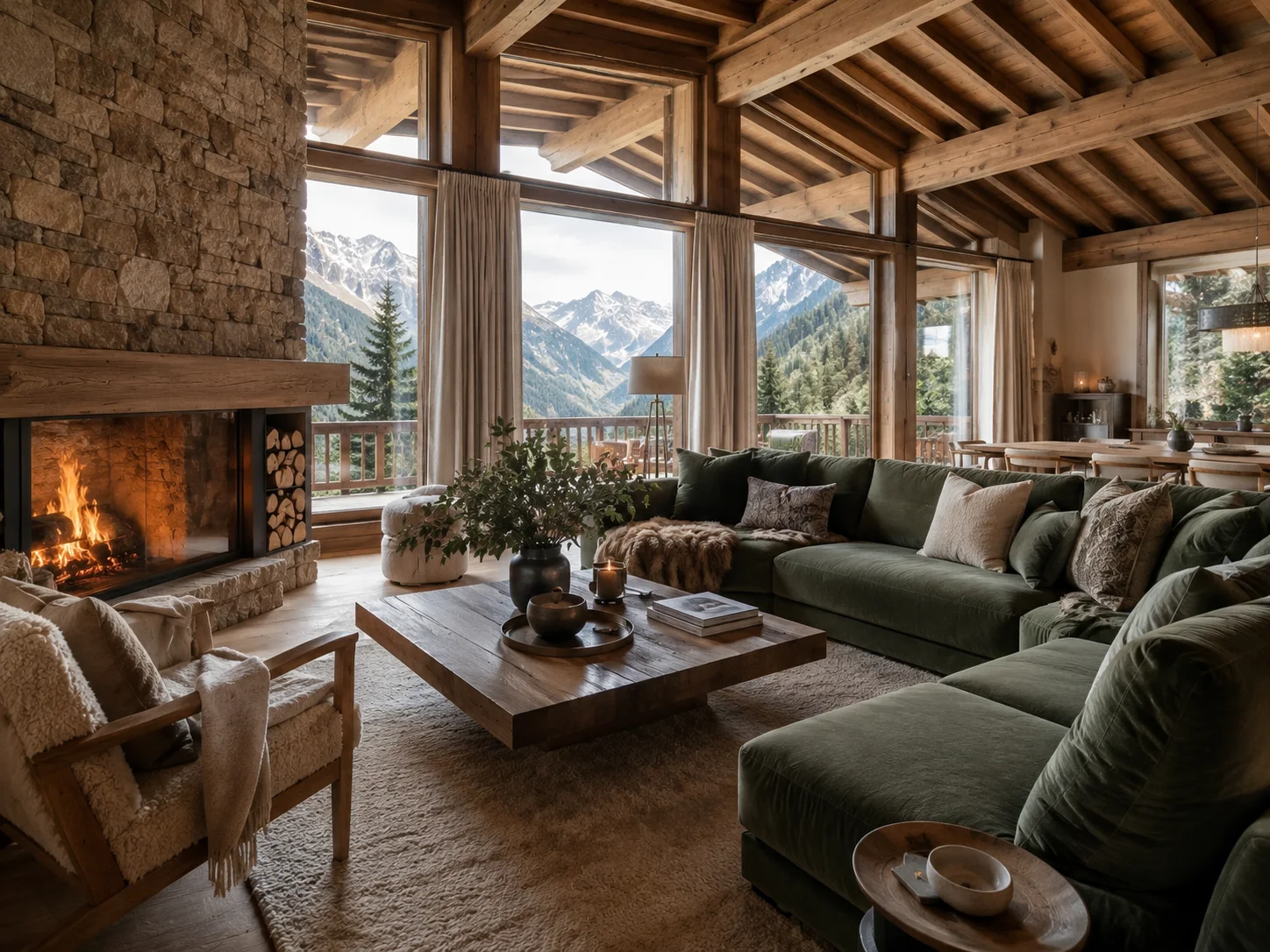 A restrained Alpine interior with natural stone and timber