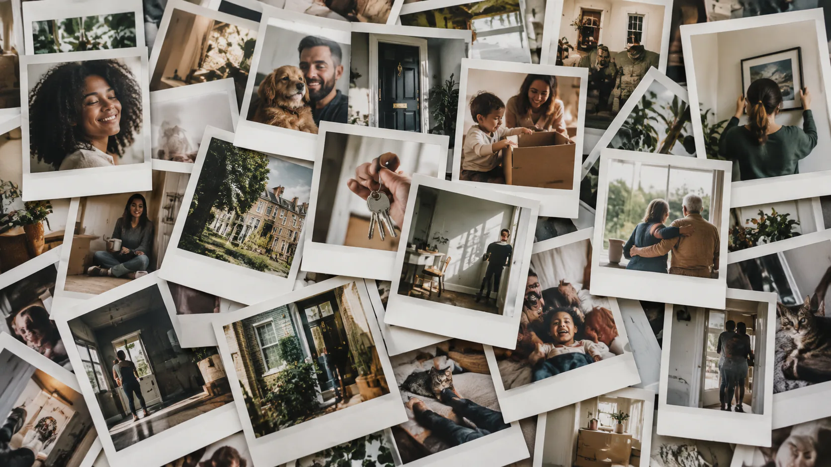 A scattered pile of polaroid photographs showing clients collecting keys, unpacking boxes and settling into their new homes