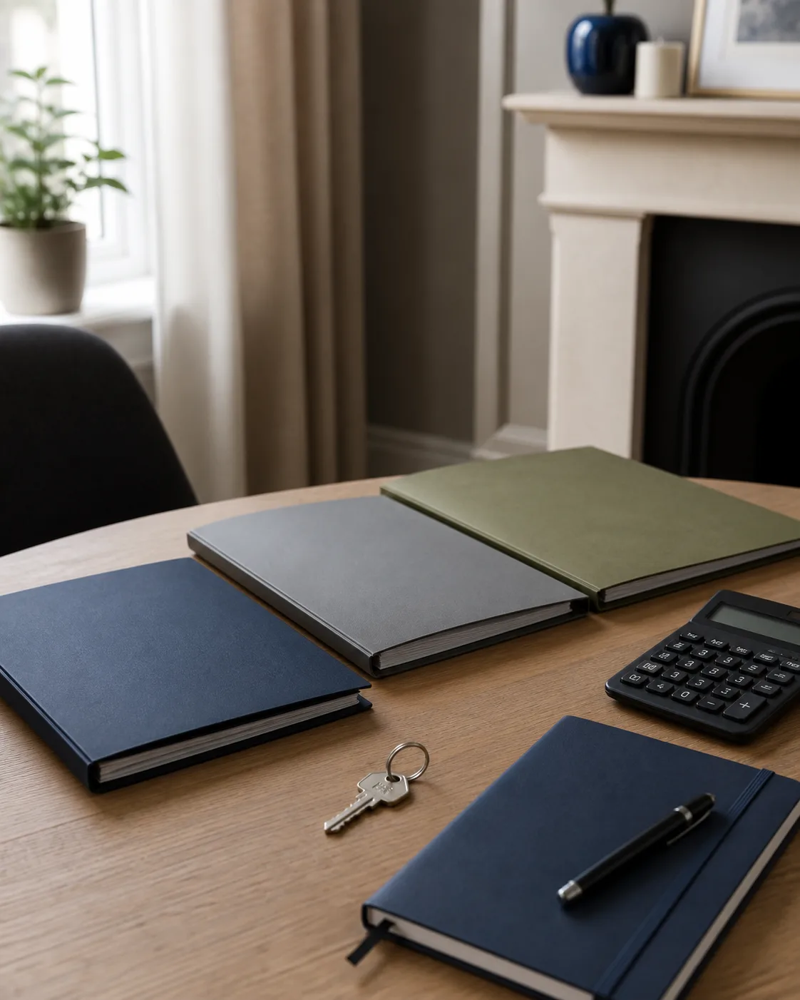 Mortgage folders, a house key and calculator arranged for a full-cost review
