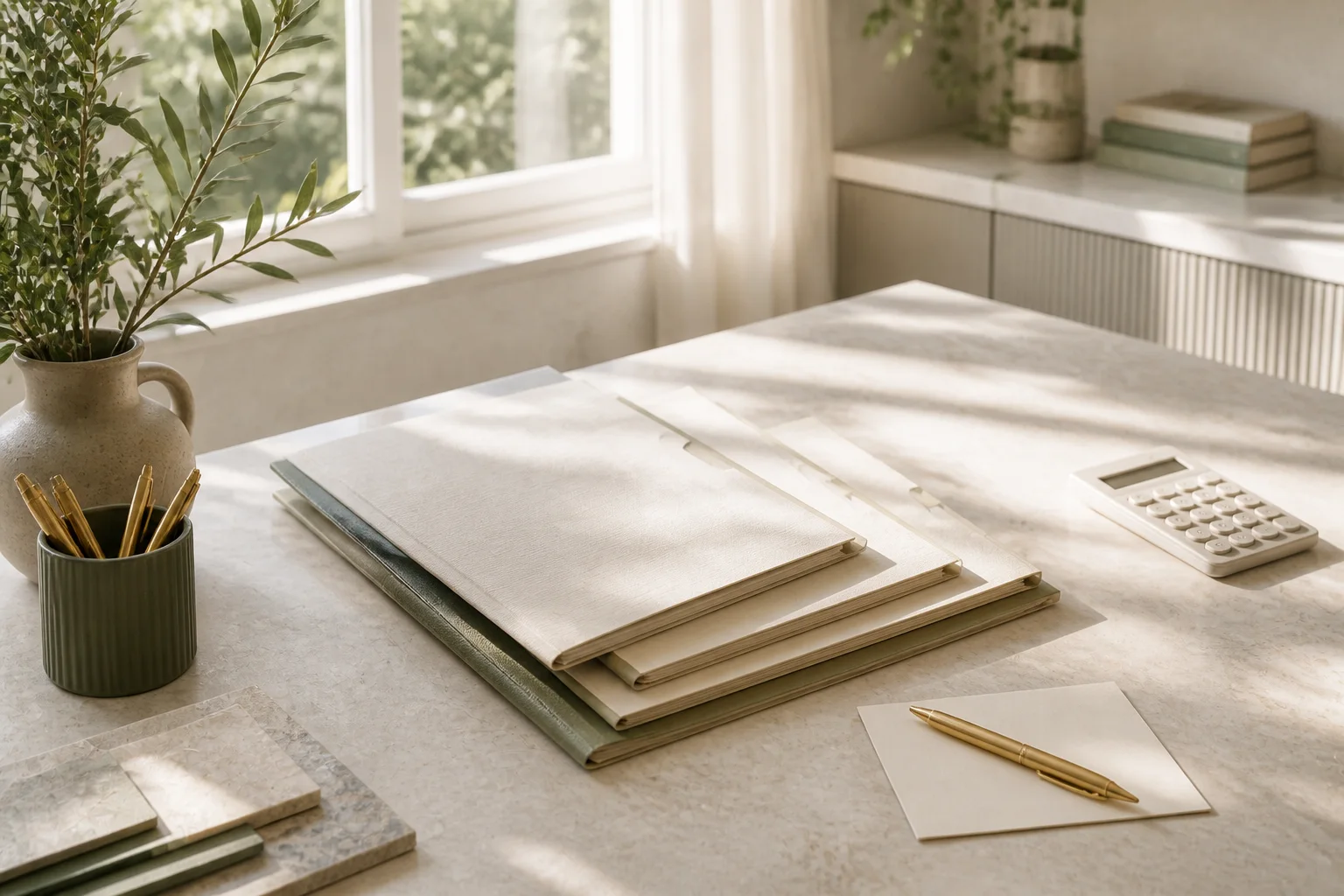 An orderly desk with several income-document folders