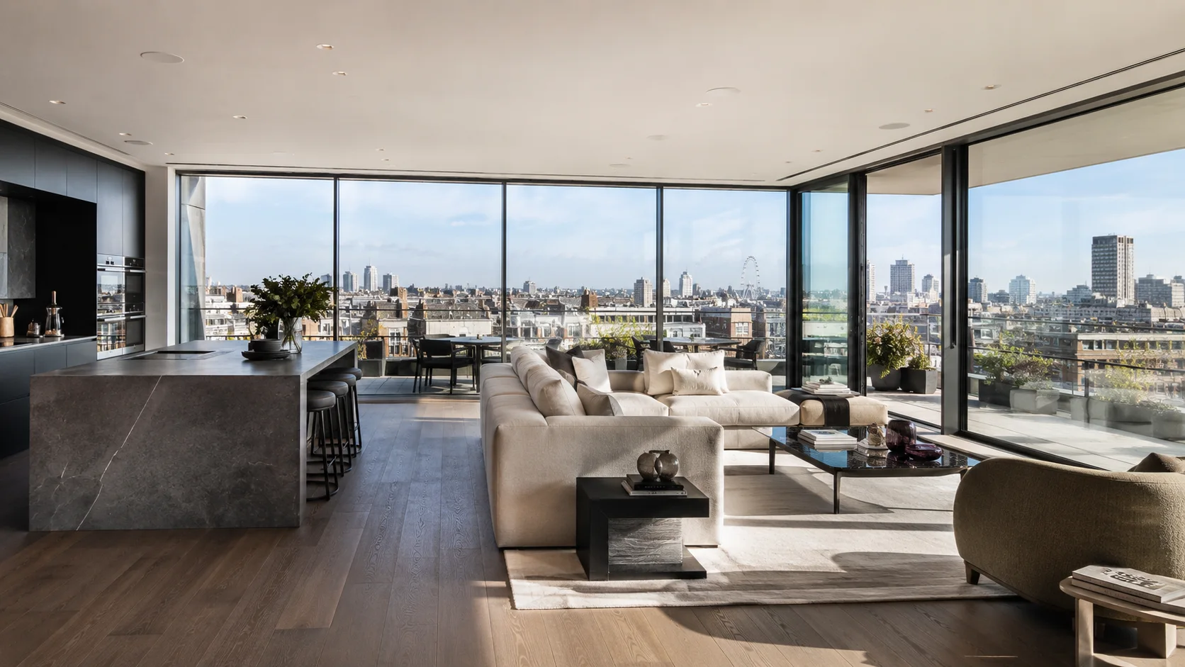 A refined city penthouse interior with a wide skyline view