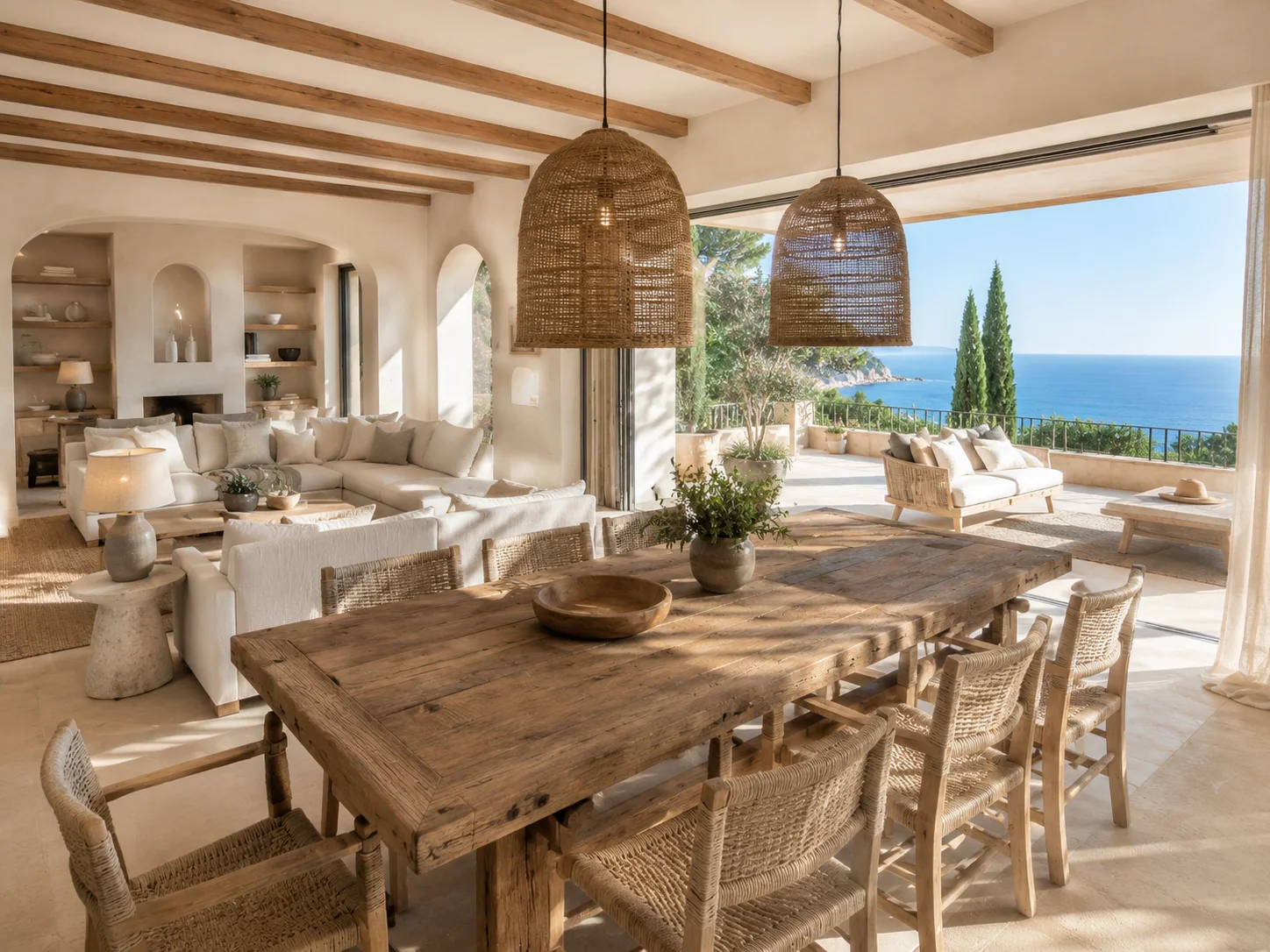 A sunlit coastal home with an open sea-facing dining terrace