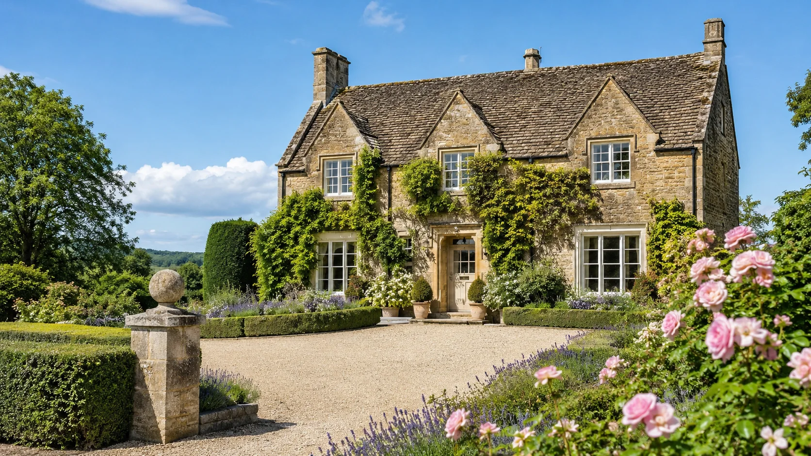 A substantial British country house in open landscape