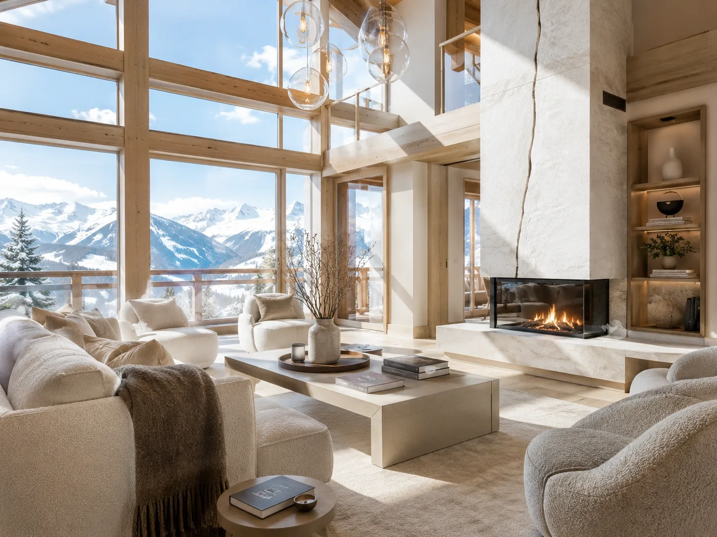 A calm private-client interior overlooking the mountains