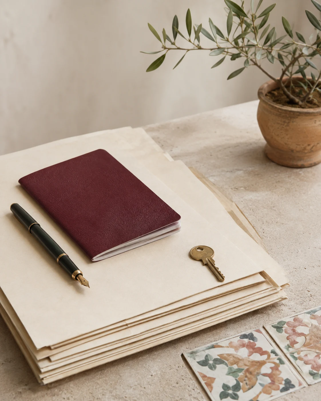 Mortgage application papers, a fountain pen and house key on pale stone