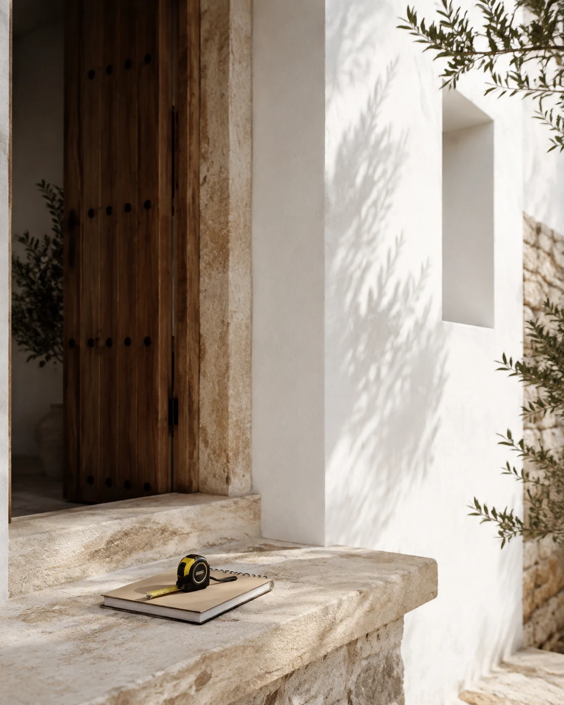 Spanish villa detail with a survey notebook and measuring tape