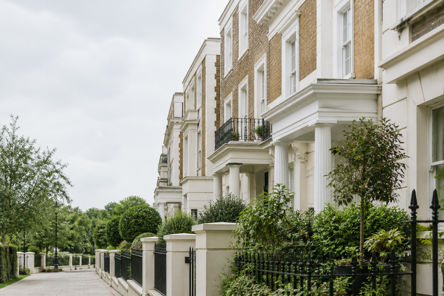 Refined British townhouses on a quiet tree-lined street
