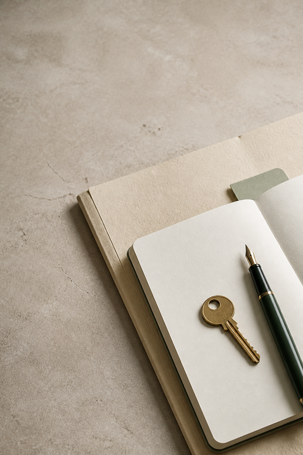 A house key and fountain pen on an open property-planning notebook