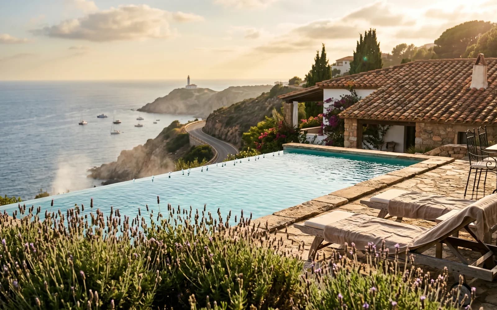 Mediterranean coastal villa with an infinity pool