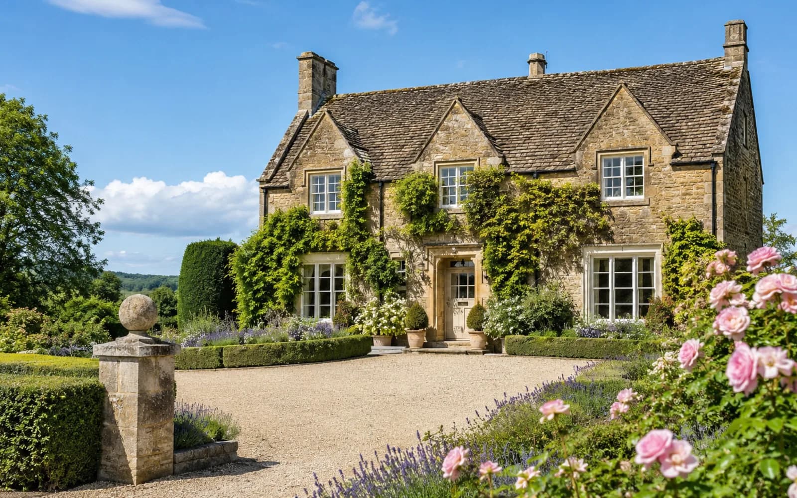 Stone country house with a landscaped garden
